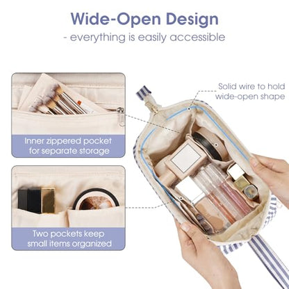 Narwey Striped Wide Open Makeup Bag Women, Travel Toiletry Bag for Women Cosmetic Bag Organizer Make up Bags with Compartments, Gift for Teen Girls (Greyish Blue Stripe) - color: ZY-Greyish Blue Stripe