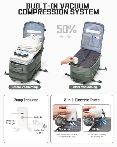 wepadre Vacuum Backpack Travel with Pump Travel Backpack with Vacuum System Expandable Vacpack Compression Backpacks for Travel Easy Vac Pack Carry on Luggage - color: Army Green
