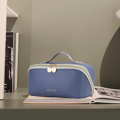 Prite Makeup Bag for Women Travel Waterproof Vegan Leather Cosmetic Bag Open Flat Toiletry Bag With Clear Divider and Handle (Blue, Medium) - color: Blue, size: Medium