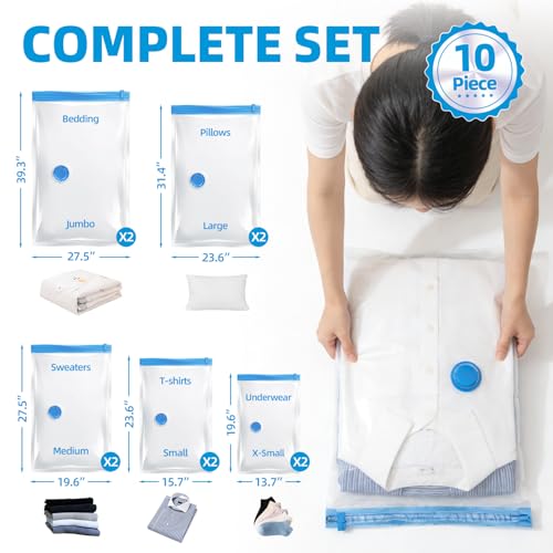 KMOSENIA Vacuum Storage Bags with Electric Pump, Vacuum Seal Bags, Space Saver Compression Bags for Clothing, Pillows, Blanket, Bedding Comforters, Travel Lugggage, 10 Combo - size: 10 Combo