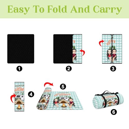 Personalized Waterproof Sandproof Beach Blanket 80''x80'', 3-Layer Foldable Picnic Blanket with Carry Strap, Camping Travel Outdoor Mat for Beach Park Hiking (Couple Camping) - color: Couple Camping