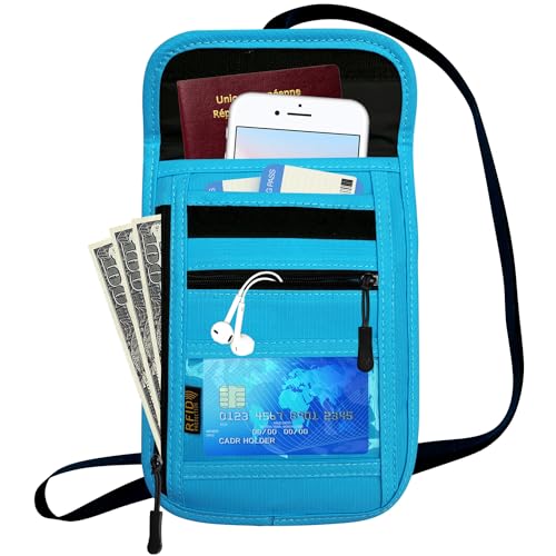 RFID Blocking Travel Neck Wallet Pouch and Passport Holder, Travel Neck Pouch Passport Holder for Women & Men - Light Blue - color: Light Blue