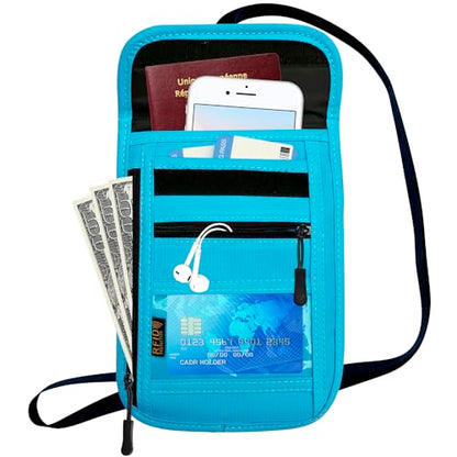 RFID Blocking Travel Neck Wallet Pouch and Passport Holder, Travel Neck Pouch Passport Holder for Women & Men - Light Blue - color: Light Blue