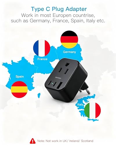 Black European Travel Plug Adapter USB C, International Plug Adapter, US to Europe Adapter Plug 2 Outlets 3 USB Ports(2 C Port), Type C Power Adapter to Iceland Italy France Portugal Spain Germany - style: Type C - Most of Europe(Black)