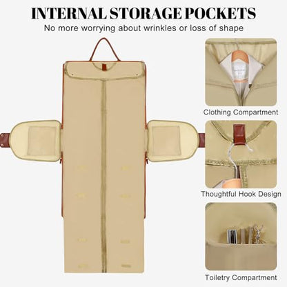 Geestock Garment Duffle Bags for Travel, Convertible Carry On Garment Bag with Shoe Pouch & Shoulder Strap, 2 in 1 Foldable PU Leather Suit Travel Bag for Women & Men, Beige - color: Beige & Brown