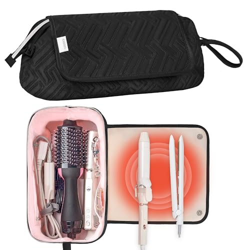 Leudes Hair Tools Travel Bag for Women Heat Resistant Mat for Travel Essentials Hot Tools Straighteners,Flat Irons,Curling Iron,Hot Air Brushes and Hair Dryer Organizer Bags 2 in 1(Black) - color: Black