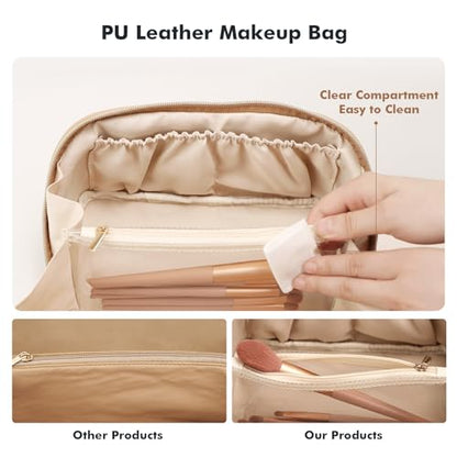 Prite Makeup Bag for Women Travel Waterproof Vegan Leather Cosmetic Bag Open Flat Toiletry Bag With Clear Divider and Handle (Beige, Medium) - color: Beige, size: Medium