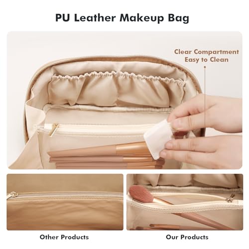 Prite Makeup Bag for Women Travel Waterproof Vegan Leather Cosmetic Bag Open Flat Toiletry Bag With Clear Divider and Handle (Beige, Large) - color: Beige, size: Large