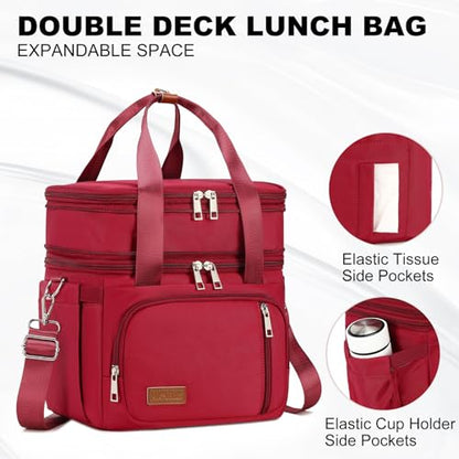 MAPLELILY Lunch Box for Men Women - Double Deck Insulated Lunch Bag, Large Leak Proof Tote Cooler, Wide Open Dual Compartment Lunch Bags with Shoulder Strap, For Work Picnic Hiking Beach, Red - color: Red