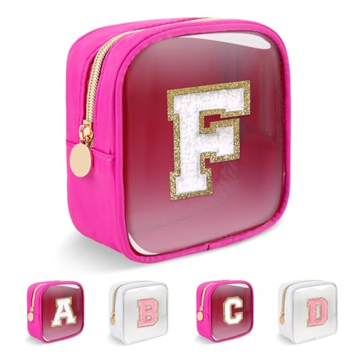 Personalized Initial Letter Clear Preppy Makeup Bag,Mini Nylon Chenille Letter Cosmetic Bag Cute Zipper Pouch Coin Purse for Teen Girls,Portable TSA Approved Travel Essentials Bag Gift for Women,F - color: Mini-Hot Pink, size: F