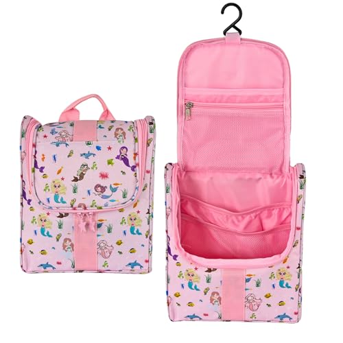 Remobia Hicol Cute Cartoon Hanging Kids Toiletry Bag Children Travel Cosmetic Makeup Organizer Wash Bag Shower bag Over Night Bag Camping Shaving Kit Bag for Boys & Girls (Mermaid Pink) - color: Mermaid Pink