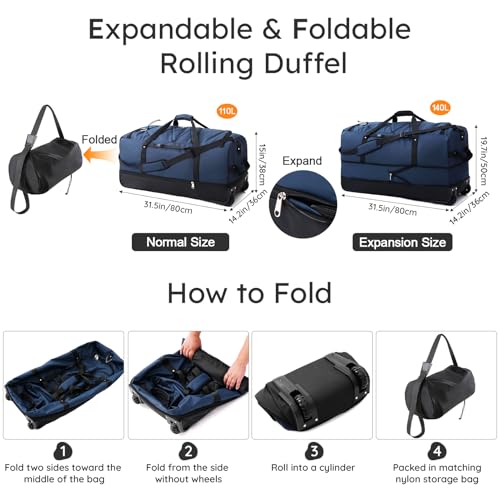 32" Soft-Sided Foldable Wheeled Duffle Bag, 110L Expandable 140L Rolling Travel Bag with Matching Storage Pouch, Updated Navy - color: Navy