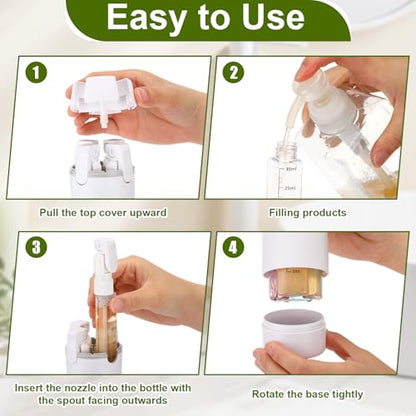 Domensi 4 in 1 Travel Dispenser with 4 Pack 30ml Travel Bottles and Label Refillable & Leak Proof Portable Toiletry Containers with Locks for Shampoo Lotion Conditioner Cream (White) - color: White