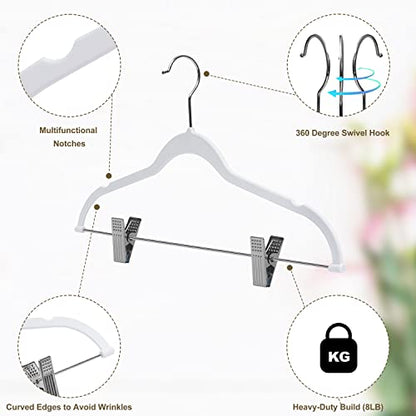 Quality Plastic Non Velvet Non-Flocked Thin Compact Coat Hangers with Metal Clips for Skirts Pants Blouses 360° Swivel Hook (White, 20) - color: White