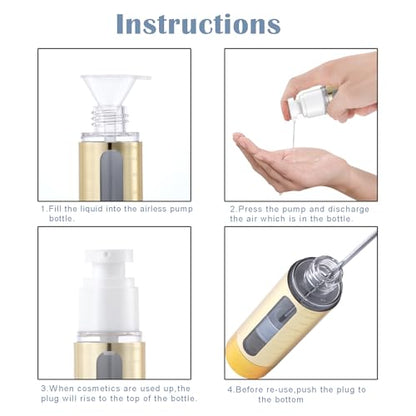 Gold, 50ml empty cosmetic pump bottle with travel bag, refillable, vacuum pump bottle for lotion, toner, foundation make-up, hair oil, hand sanitizer and other liquids, 7 pieces (1.7 oz/50ml) - size: 50 ML