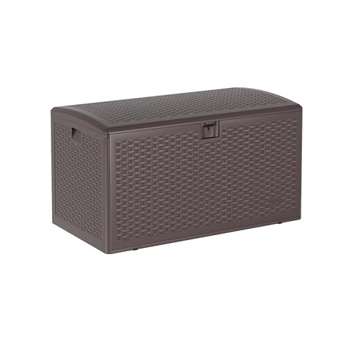 99 Gallon Waterproof Large Resin Deck Box Indoor Outdoor, Lockable Storage Container for Patio Furniture Cushions, Throw Pillows, Garden Tools, and Pool Floats, Brown - color: Brown, size: 99 Gallon