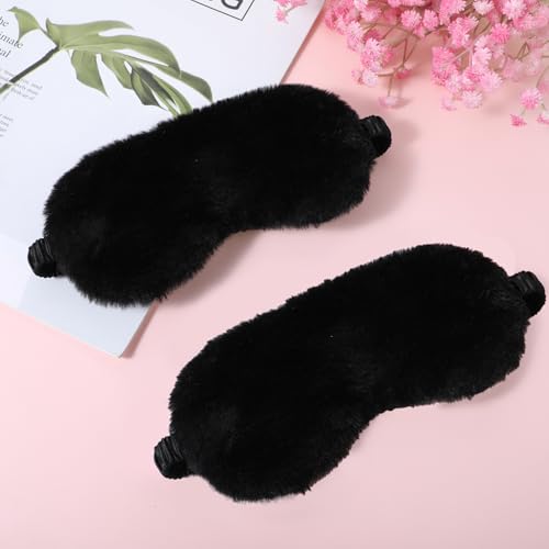 2 Pcs Black Plush Eye Mask Soft Sleeping Blindfold Eye Cover Comfortable Furry Faux Fur Sleeping Mask Satin Nap Night Eyeshade Cover for Women Men Gift - color: Black