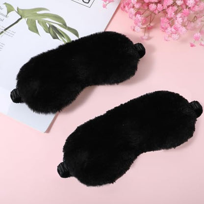 2 Pcs Black Plush Eye Mask Soft Sleeping Blindfold Eye Cover Comfortable Furry Faux Fur Sleeping Mask Satin Nap Night Eyeshade Cover for Women Men Gift - color: Black