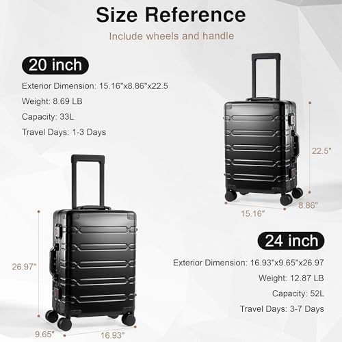 VentureVault All Aluminum 24 Inch Check In Luggage Hard Shell Suitcases with Spinner Wheels and TSA Lock, Large Zipperless Luggage for Travel, Black - color: Black, size: 24inch