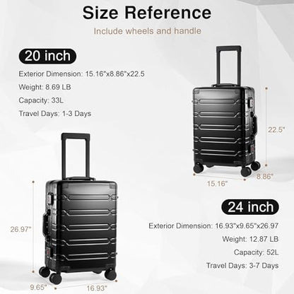 VentureVault All Aluminum 24 Inch Check In Luggage Hard Shell Suitcases with Spinner Wheels and TSA Lock, Large Zipperless Luggage for Travel, Black - color: Black, size: 24inch