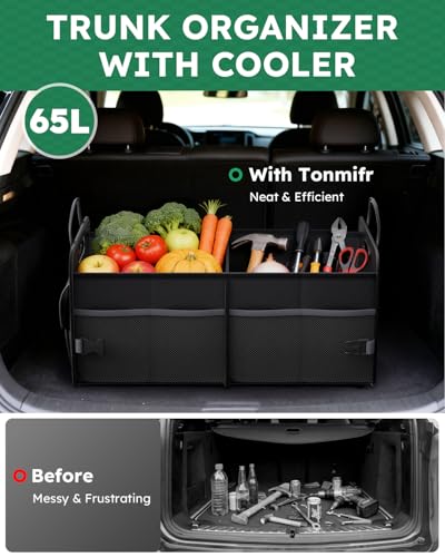 2-Compartment Trunk Organizer & Multi-Compartment Storage Box 600D Waterproof Oxford, with Reflective Strips and 8 Side Mesh Pockets for SUV, Sedan, Minivan- Heavy-Duty Car Organiser(65L) - size: 65L (Organizer Only)