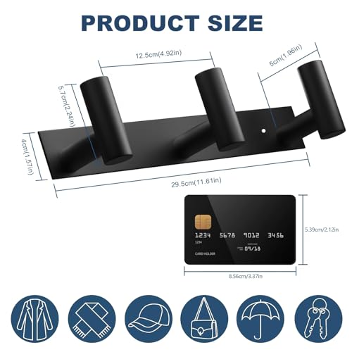 VAEHOLD Black Hat and Coat Wall Mount Rack - 3 Hooks for Robes, Bags, Keys, and Towels - Bathroom Towel Hanger Organizer (1 Pack) - color: Black, size: “T“ Shape 3 Hooks 1 Pack