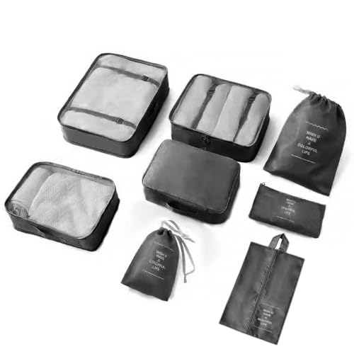 8 Pieces Mesh Packing Cubes for Travel, Luggage Packing Organizers Bags Set, Travel Essentials Suitcases Accessories with Laundry Bag, Storage Shoe Bag, Clothing Underwear Bag (Black, 8 set) - color: Black