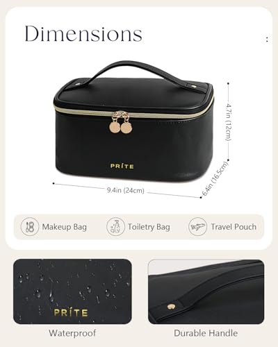 Prite Makeup Bag, Large Capacity Cosmetic Bag for Women and Girls, Waterproof PU Leather Travel Makeup Case, Toiletry Organizer with Handle and Divider for Skincare and Brushes - Black - color: Black