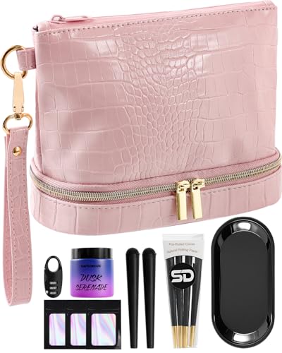 Travel Kit with Combination Lock, Airtight Zipper Metal Tray & UV Block Glass Jar, Durable PU Leather Foldable, Perfect Holidays Gifts for Her (Pink)
