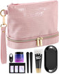 Travel Kit with Combination Lock, Airtight Zipper Metal Tray & UV Block Glass Jar, Durable PU Leather Foldable, Perfect Holidays Gifts for Her (Pink)
