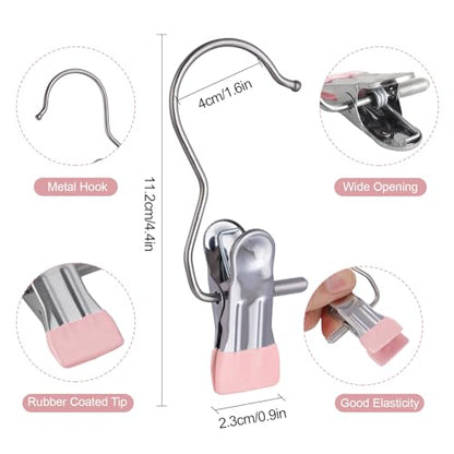 50PCS Space-Saving Clothespin, Portable 360° Rotating Stainless Steel Hanging Hook Clips Towel Clips,Laundry Hooks Hanging Clips with Clips for Home and Travel, Pink - color: Pink