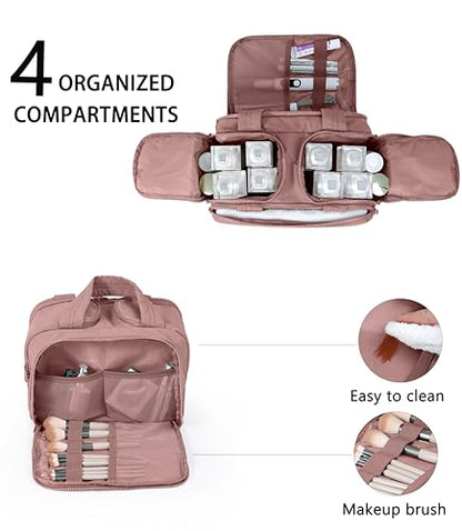 Travel Toiletry Bag for Women, Large Wide-open Puffy Cosmetic Makeup Bag with Wet-Dry Separation, Multi-Pocket Organizer with Carry Handle for Toiletries, Cosmetics, Essentials, Dark Pink - color: Dark Pink
