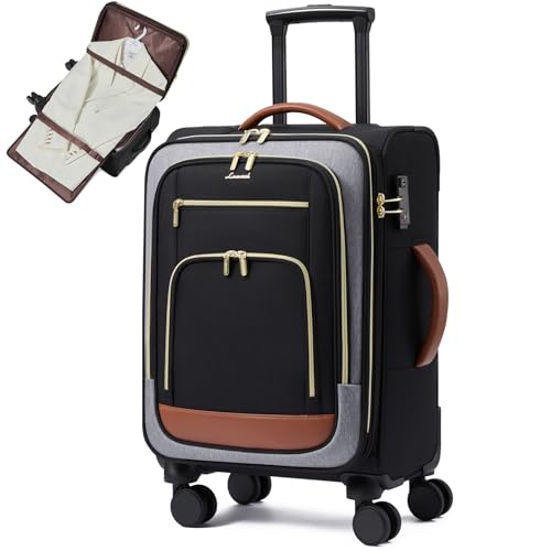 LOVEVOOK Carry on Luggage 22x14x9 Airline Approved, 22 Inch Large Rolling Suitcase with Garment Bag & Spinner Wheels, 49L Lightweight Underseat Carryon Luggage for Women Men Travel with TSA Lock - color: Black-gray-brown, size: 22 Inch With Garment Compar