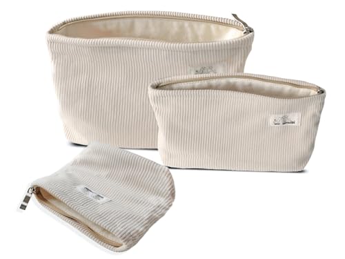 HAPPYHEIDI Corduroy Makeup Bag Set 3 w Divider Cosmetic Toiletry Travel Pouch Purse Organizer, 3-Size, Soft Creamy White - color: Creamy White Corduroy Set of 3 - w Compartment