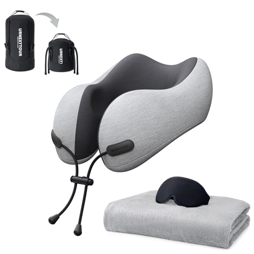 urnexttour Neck Pillow and Blanket Set for Travel Memory Foam Design Models Pillows with Eye Mask and 50% More Storage Bag Traveling Essentials Plane Car Flight Rest Sleeping Use Adult, Light Gray - color: Light Gray
