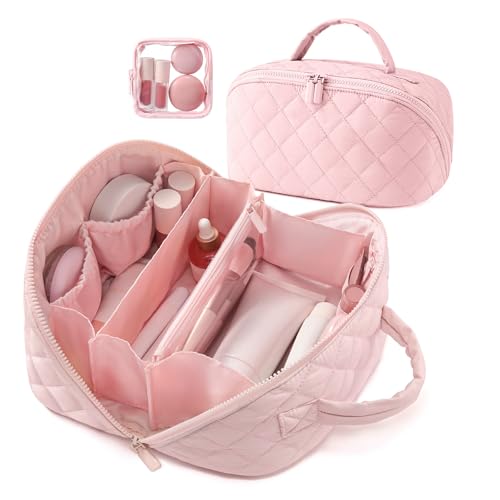 Makeup Bag,Wideopen Toiletry Bag for Women, 180° Lay-Flat Water-Resistant Large Cosmetic Case, Puffy Padded Travel Organizer for Toiletries & Brushes Large Capacity with Compartments - color: Pink
