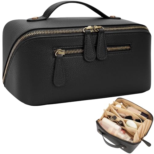 Travel Makeup Bag Large Capacity Cosmetic Bags for Women Waterproof Make up Organizer Toiletry Bag Open Flat Portable with Divider with Handle Pouch (Black, 3L) - color: Black, size: 3L