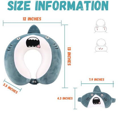 Cute Travel Neck Pillow, Kids Neck Pillow for Travel with Sleep Eye Mask, Memory Foam Cartoon Flight Sleeping Headrest Pillow for Boys & Girls, Train, Car, Airplane, Home Use - Bigmouth Shark - color: Bigmouth Shark