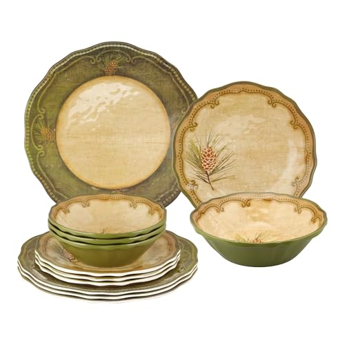 UPware 12 Piece Woodland Pinecone Melamine Dinnerware Sets, Outdoor Dishes Set, Plates and Bowls Sets, Service for 4, Dark Green - color: Woodland Pinecone