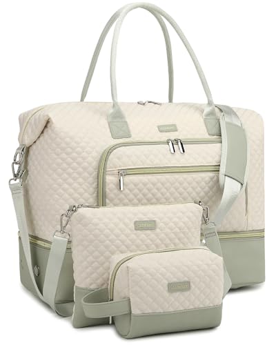 Weekender Bags for Women, Travel Duffle Bag Carry On Overnight Bag with Cosmetics Bag and Crossbody Purse for Gym Hospital, Gifts for Women, Beige Green - color: Beige Green-2, size: Medium