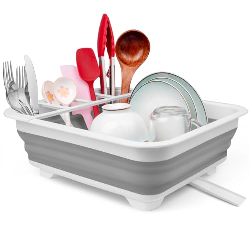 Collapsible Dish Drying Rack with Drain Plug Tube, Portable Dish Drainers for Kitchen Counter, Folding Dish Rack Over Sink Drying Dinnerware,Kitchen Sink Organizer Travel Trailer RV Camping Essentials - style: With Drain Plug