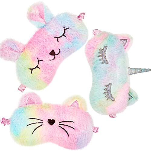 Geyoga 3 Pcs Sleep Mask for Kids, Girls Plush Sleeping Eye Cover Soft Eye Blindfold Cover Animal Shade for Kids(Rainbow Color,Cat and Unicorn Style) - color: Rainbow Color, style: Cat and Unicorn Style