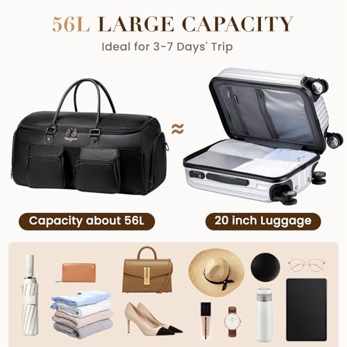 Leather Duffle Bags for Men, Vessgra 2 in 1 Suit Bag Travel 56L Duffel Bags for Traveling PU Leather Garment Bag with Shoe Compartment,Travel Carry on Bag, Weekender Bussiness Wedding,Black - color: Black