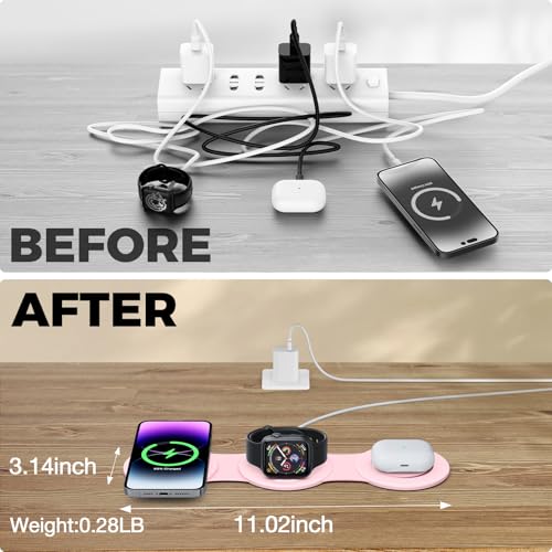 Hicober 3 in 1 Wireless Charging Station for Apple Watch and iPhone Air 17 16 15 14 13 12 Pro Max/Plus, Magnetic Foldable Wireless Travel Charger Station Stand for Airpods iWatch All Series Pink - color: Pink