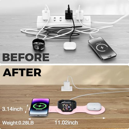 Hicober 3 in 1 Wireless Charging Station for Apple Watch and iPhone Air 17 16 15 14 13 12 Pro Max/Plus, Magnetic Foldable Wireless Travel Charger Station Stand for Airpods iWatch All Series Pink - color: Pink