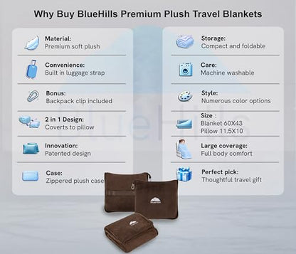 BlueHills Premium Soft Travel Blanket Pillow Airplane Blanket Soft Bag Pillow case with Hand Luggage Belt and Backpack Clip Compact Pack Large Portable Throw Air Plane Flight Travel (Brown T009) - color: Brown-1pk-t009