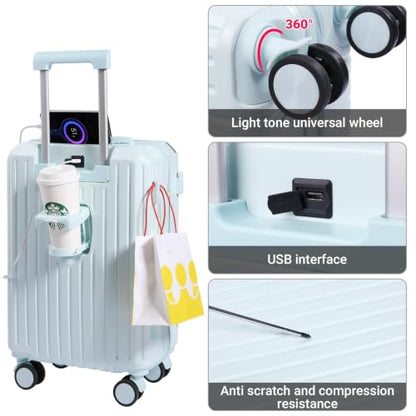 Carry-on Luggage with Cup Holder & USB Charging Port, Hard Side Luggage with Spinner Wheels, Lightweight Luggage for Travel, Business, School (light blue, Carry-On 20-Inch) - color: light blue