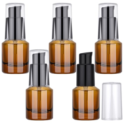 Segbeauty 0.5oz Empty Glass Refillable Travel Bottles, 5pcs Lotion Pump Bottle Dispenser, 15ml Amber Mini Empty Travel Size Bottles for Creams, Small Lotion Dispenser with Pump Liquid Container - color: Amber, style: 5pcs 0.5oz