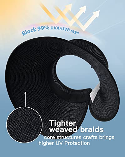 FURTALK Sun Hats for Women Wide Brim Beach Hat Straw Visor Ponytail Summer UV Packable Foldable Beach Vacation Essentials - color: Black