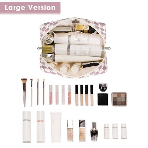 Narwey Checkered Makeup Bag Pink Travel Cosmetic Bag Organizer Toiletry Bag Make Up Bags with Compartments for Women Girls (Large, Dusty Rose Checkerboard) - color: YB-Dusty Rose Checkerboard, style: Large